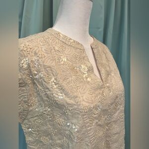 J. CREW beautiful tunic top, embroidered collection sequin blouse shell, cream